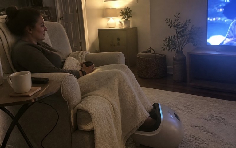 Fußmassagegerät unter dem Sessel im Wohnzimmer
