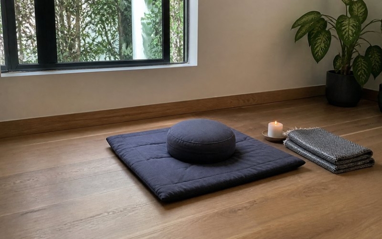 Meditationsmatte mit Kissen im ruhigen Zimmer
